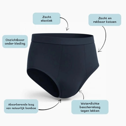Absorberend ondergoed tegen bedplassen: absorberende laag van bamboe, waterdichte beschermlaag, onzichtbaar onder kleding
