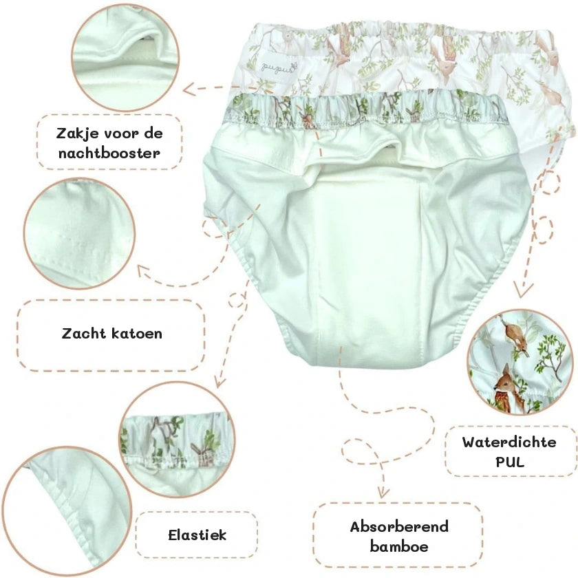Wasbaar oefenbroekje voor zindelijkheid: zacht katoen, absorberend bamboe, waterdichte PUL en zakje voor de nachtbooster