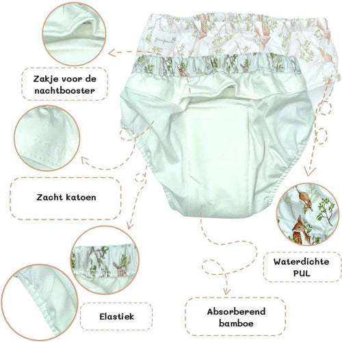 Wasbaar oefenbroekje voor zindelijkheid: zacht katoen, absorberend bamboe, waterdichte PUL en zakje voor de nachtbooster