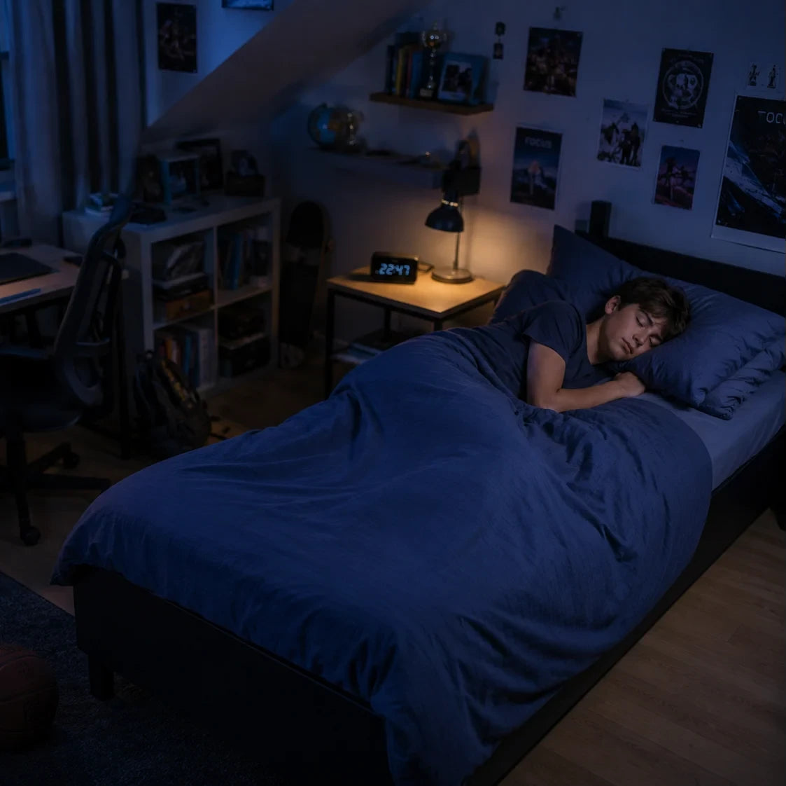 Tienerjongen slaapt in zijn bed met absorberend ondergoed tegen bedplassen